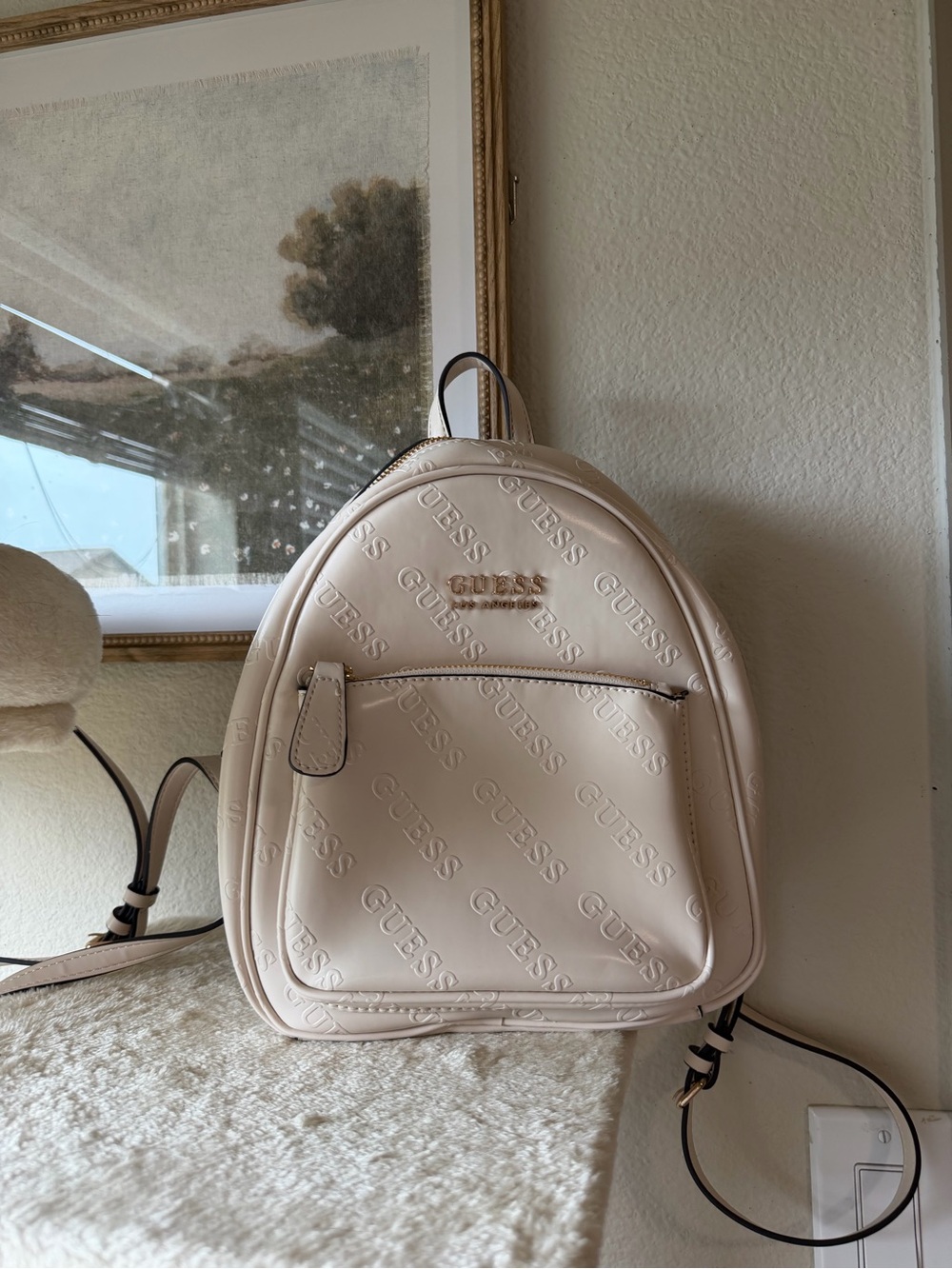 GUESS Cream Embossed Logo Mini Backpack